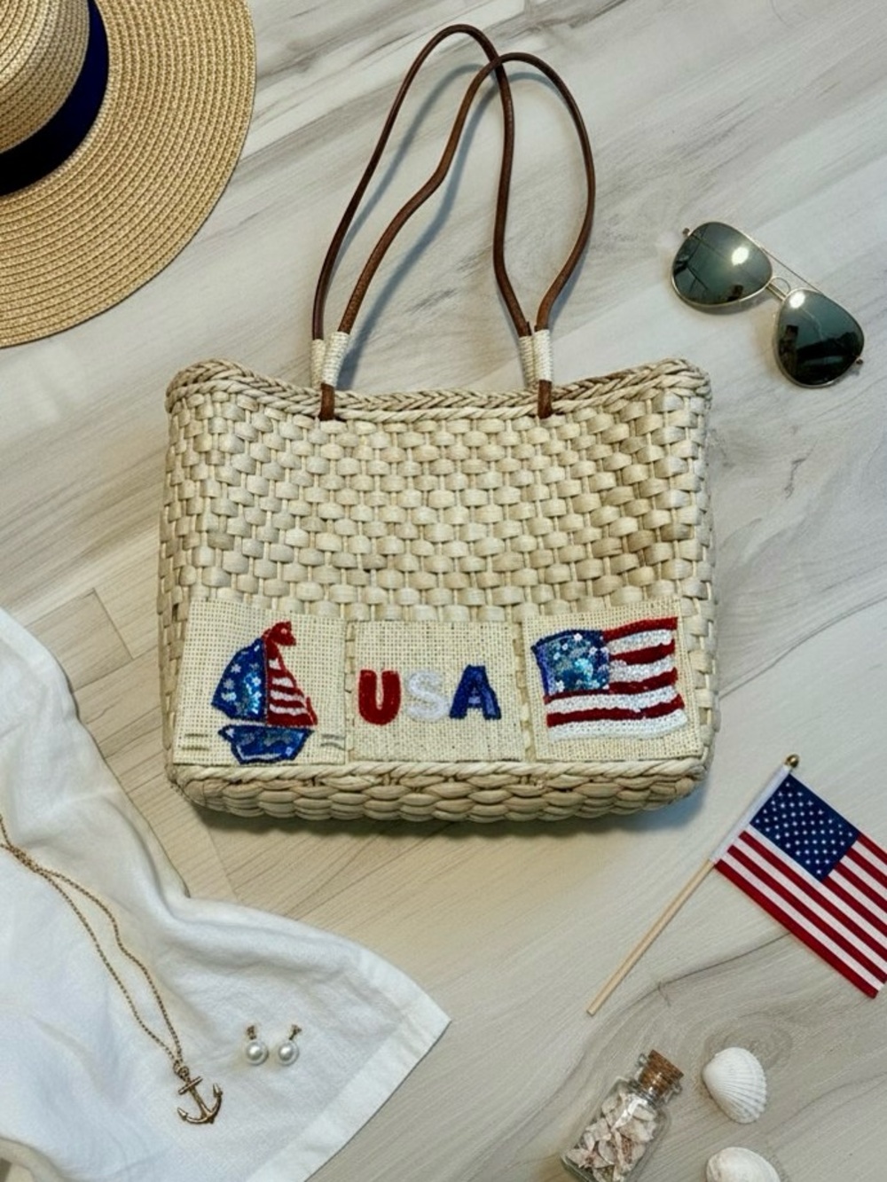 Embroidered Patriotic Straw Tote Bag with Brown Leather Handles